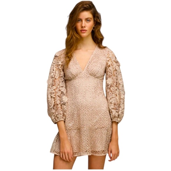 NEW - FRENCH CONNECTION Nude Caballo Sequin Lace Puff Sleeve Mini Dress size 6 - Picture 13 of 13
